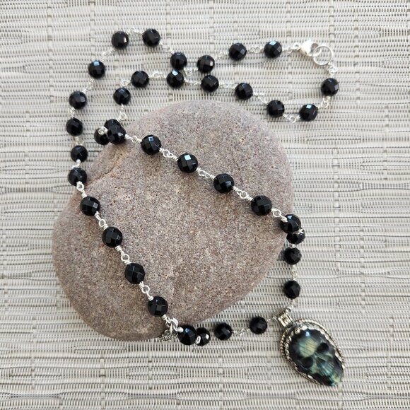 BLACK ONYX (8MM) NECKLACE W/ LABRADORITE SKULL PENDANT--24" - Picture 5 of 6